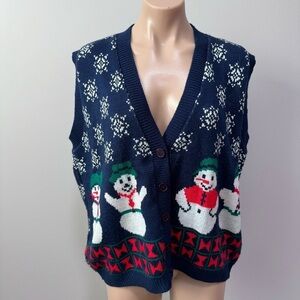 Cabin Creek Snowman Snow Flake Winter Christmas Holiday Vest Blue Large Knit